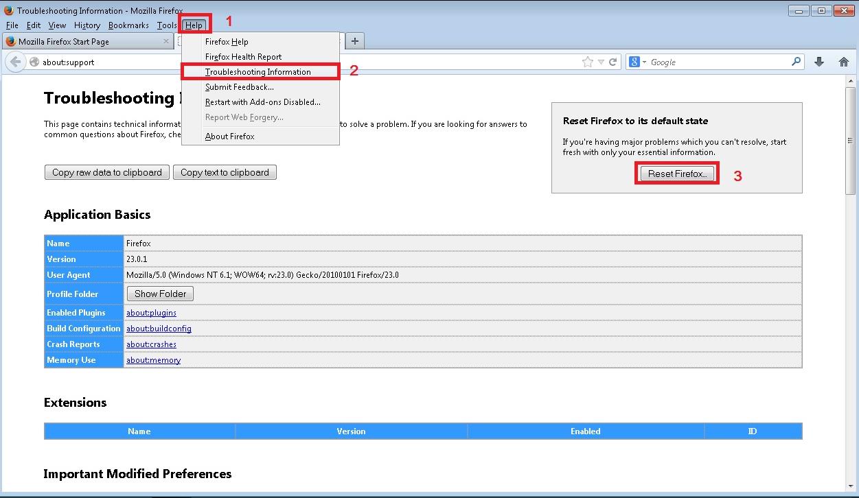 Reset firefox